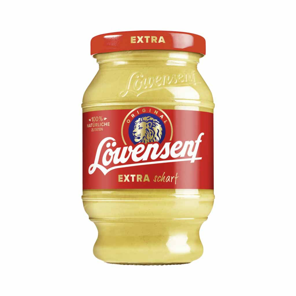 An image of  Löwensenf Senf extra scharf im Glas 250ml | Sold by Heimat.one, the home to original German products.