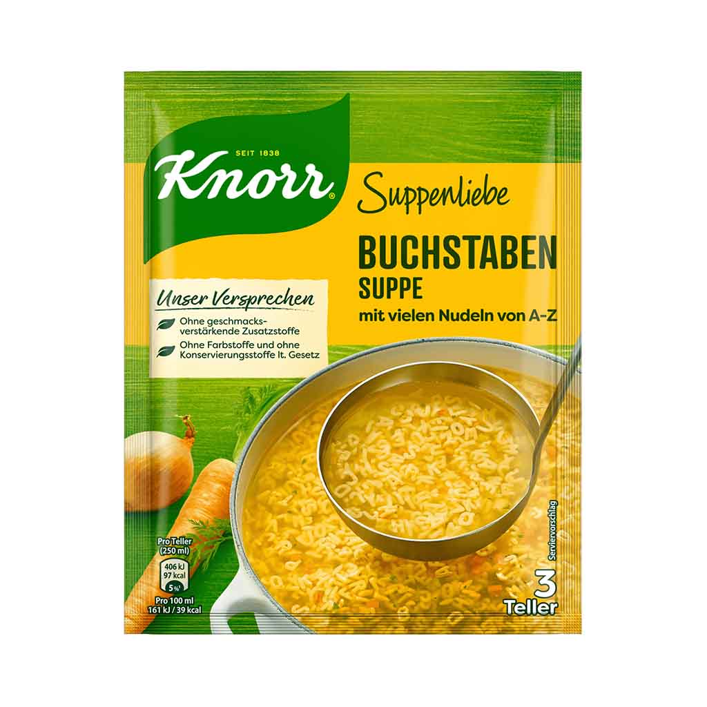 An image of  Knorr Suppenliebe Buchstaben Suppe 3 Teller | Sold by Heimat.one, the home to original German products.